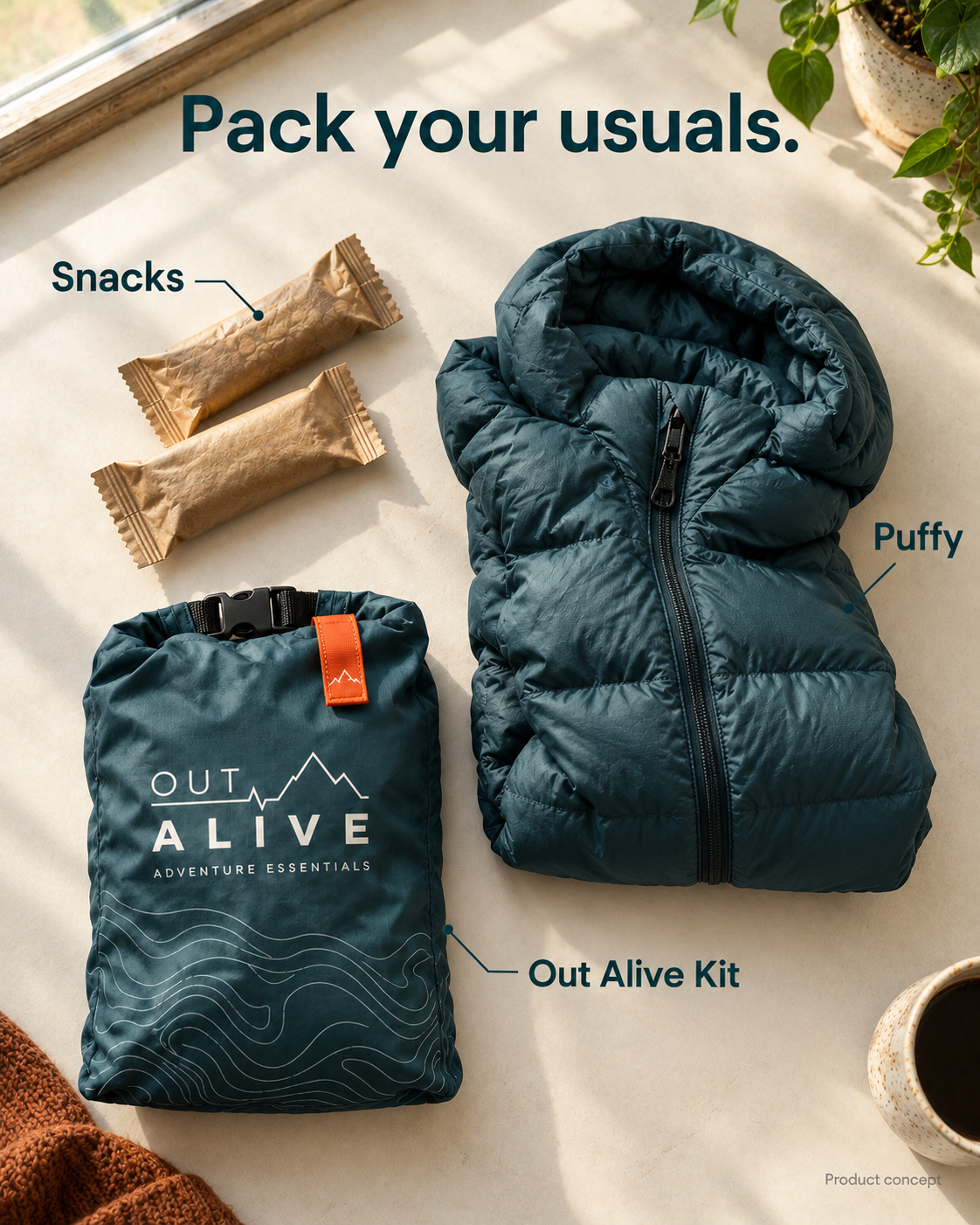 Pack your usuals: snacks, a puffy jacket, and the Out Alive kit laid out together on a tabletop. Product concept.