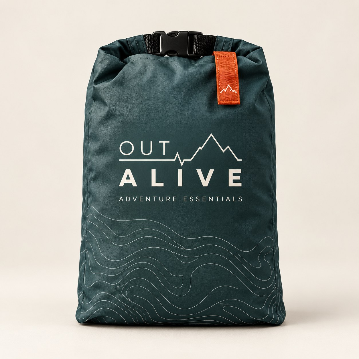 Out Alive mineral-blue rolltop bag concept with ember tab and topographic print